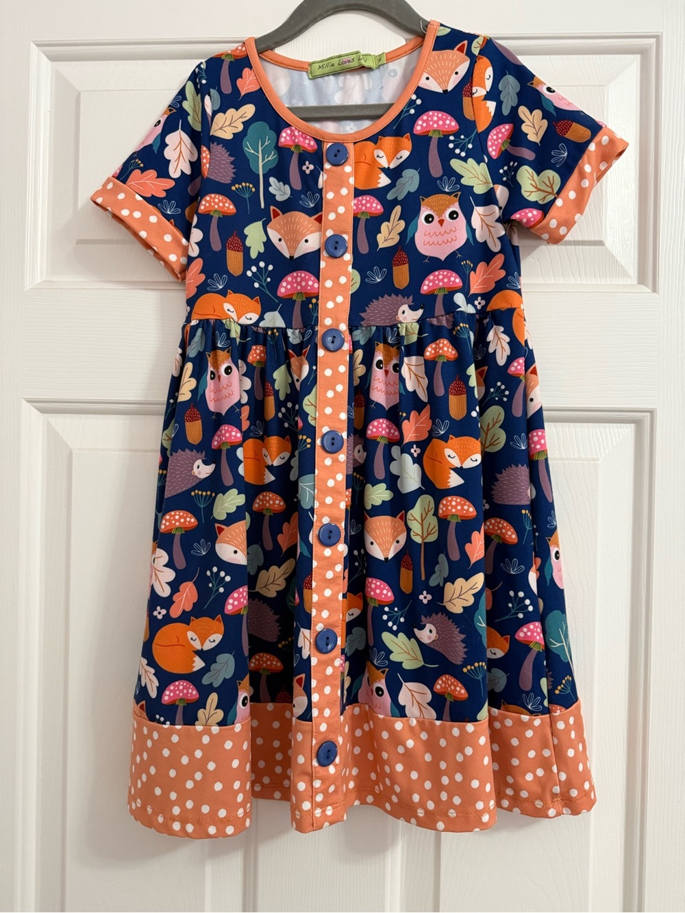 Girls Navy Fox & Mushroom Button-Front Casual Dress with Coral Trim
